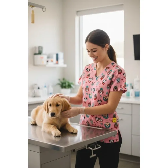 LOT OF 5 Womens Printed Scrub Top Short Sleeve Medium Holiday Workwear Medical - Picture 12 of 13